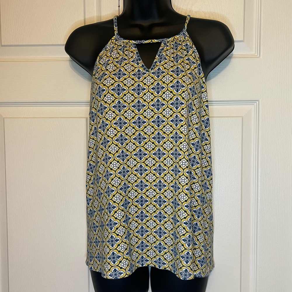Mix by 41 Hawthorn Top Yellow Blue White Geometric Mandala Print XS Tank Halter